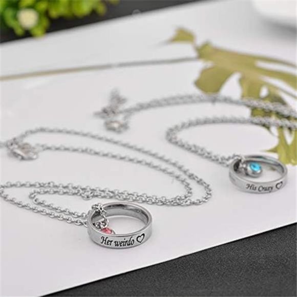 Matching Necklaces for Couples,His and Hers Engraved Rhinestone Ring Pendant Set - Picture 6 of 6